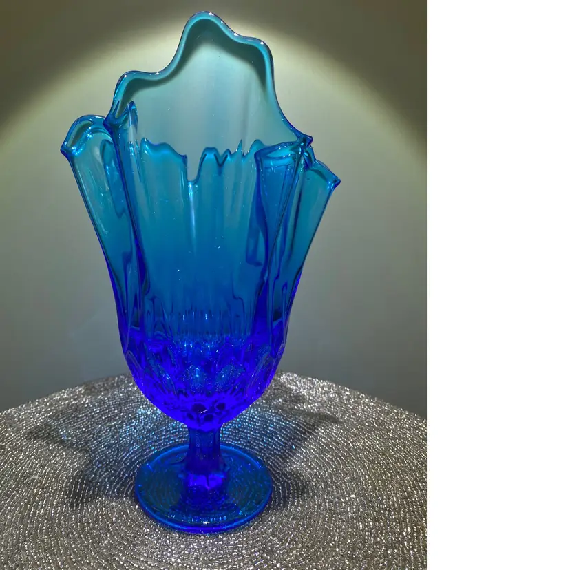 Vintage Fenton Thumbprint Handkerchief Colonial Blue Vase | Art Glass Mid Century Modern | Footed Pedestal Flower Vase Decor