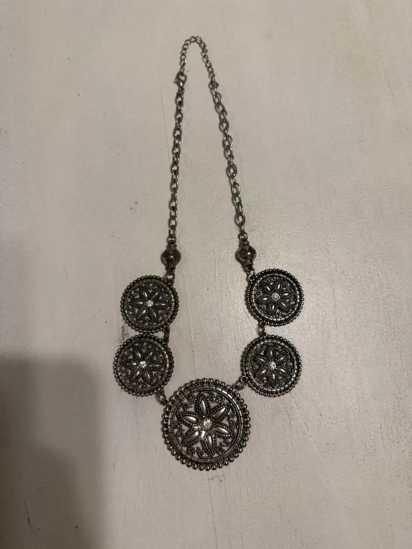 Silver-tone Filigree Statement Necklace Rhinestones