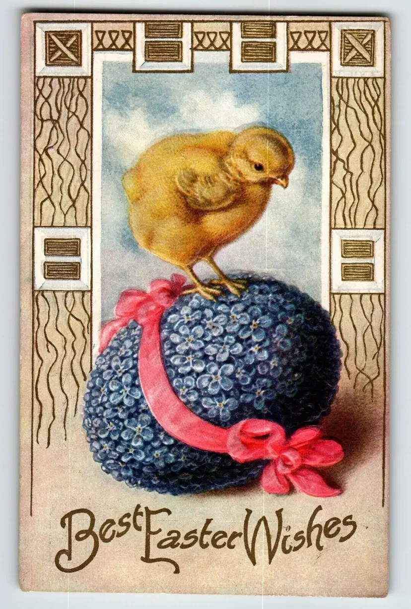 Easter Postcard Baby Chick On Large Decorated Egg Embossed Vintage Unposted