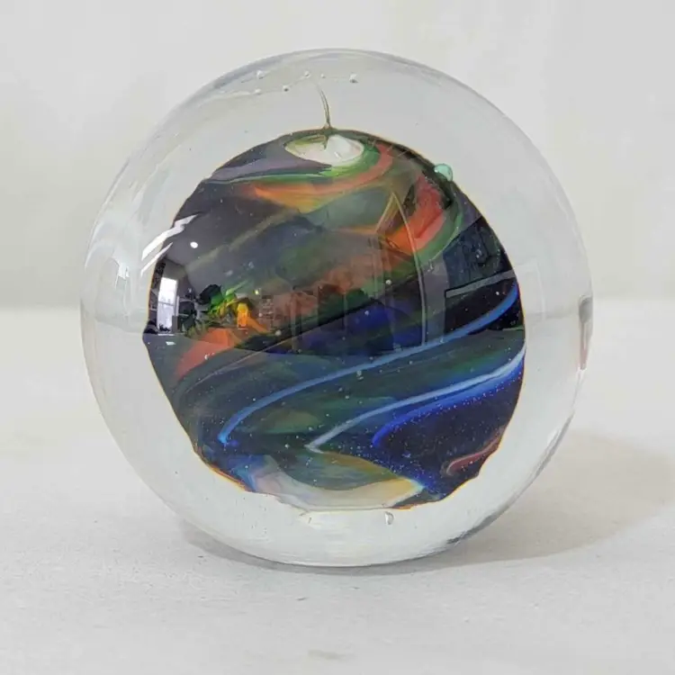 Marian Pyrcak (M.P.) Multicolor Poland Studio Art Glass Round Orb Paperweight