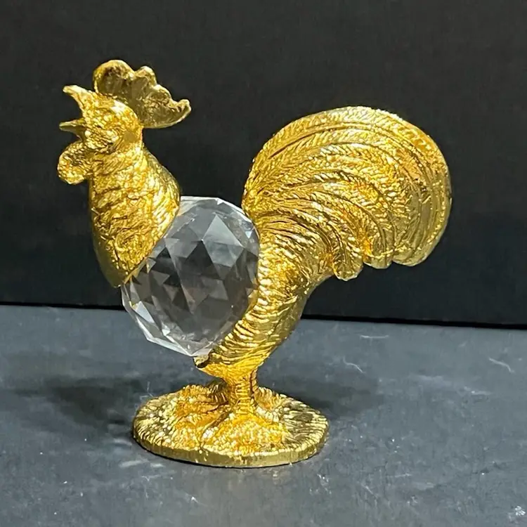 Crystal & Goldtone Metal Miniature Rooster Figurine ~2.75” x 2.75” x 1.25”