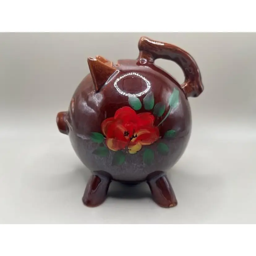 Vintage 1950's Happy Pig  Hand-Painted Ceramic Piggy Bank ~ Floral Design ~ Measures 5 inches tall