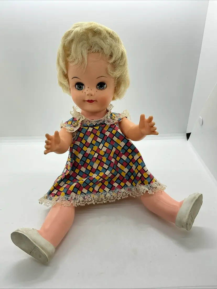 Vintage Unmrked 1960’s Plastic Doll With Sleepy eyes, Freckles, Original Clothes