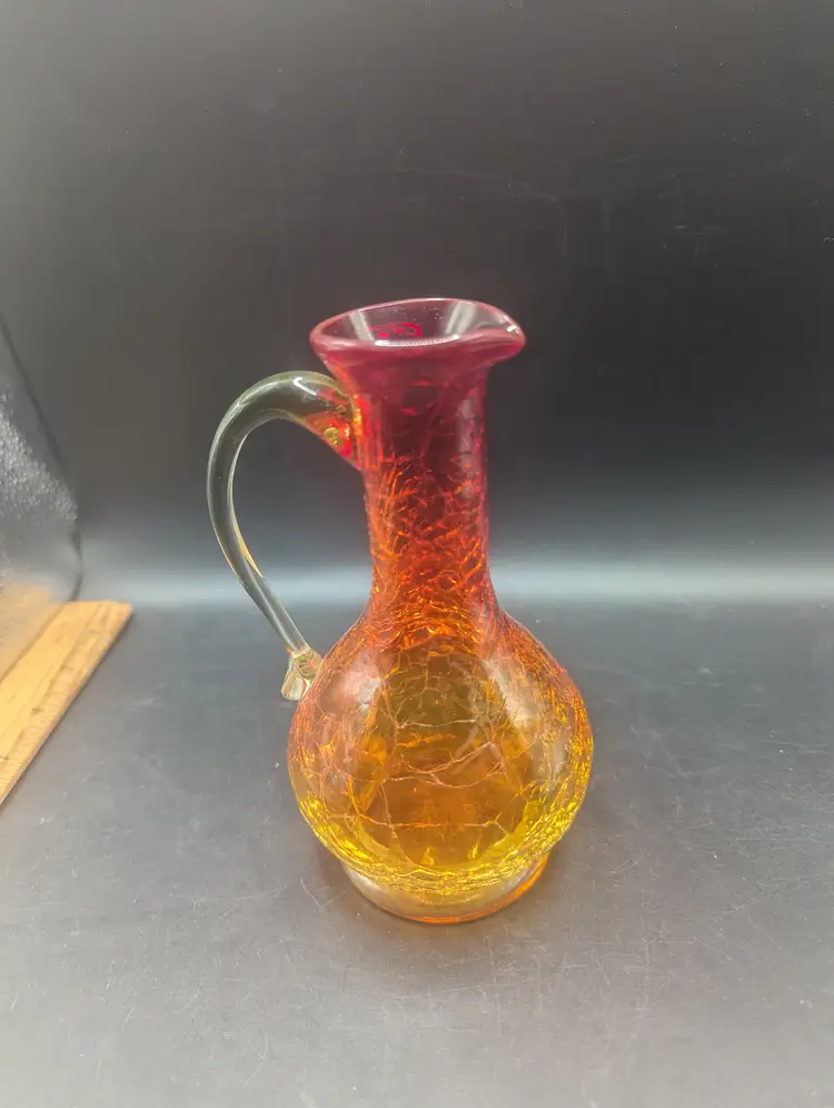 Vintage Crackle Glass Amberina Pitcher Cruet With Nice UV Reactive Glow 6" Tall