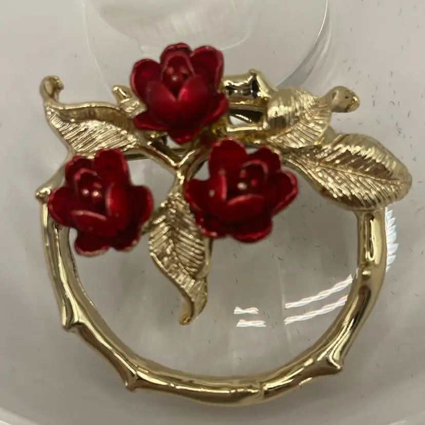 Gerry Roses And Leaves Brooch, Gold Toned And Red