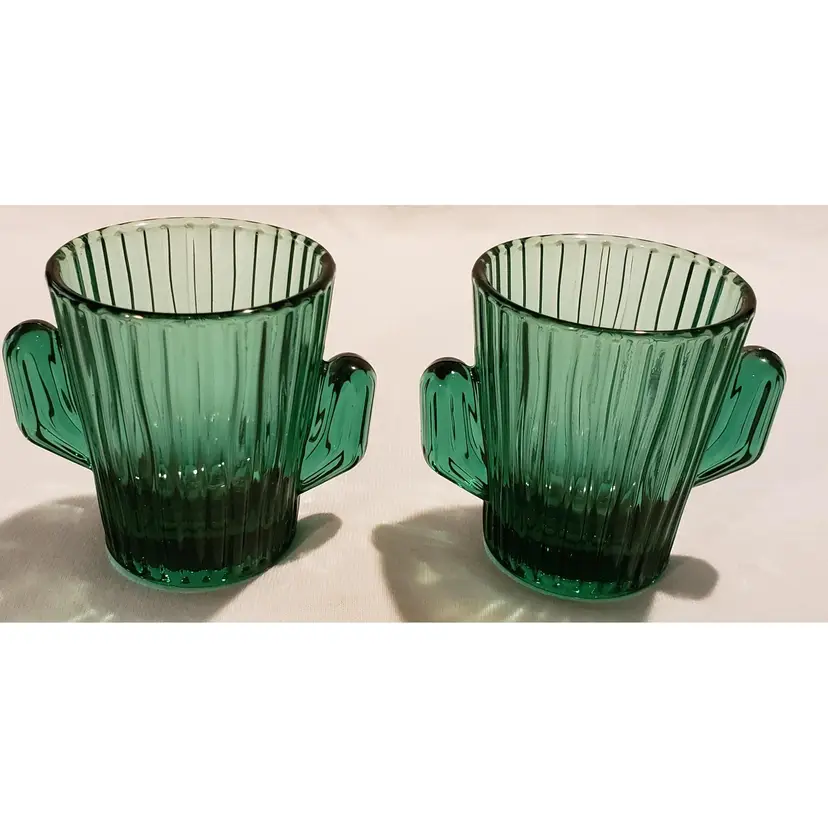 Two (2) Libbey Green Glass Cacti Cactus Shot Glass Toothpick Holder
