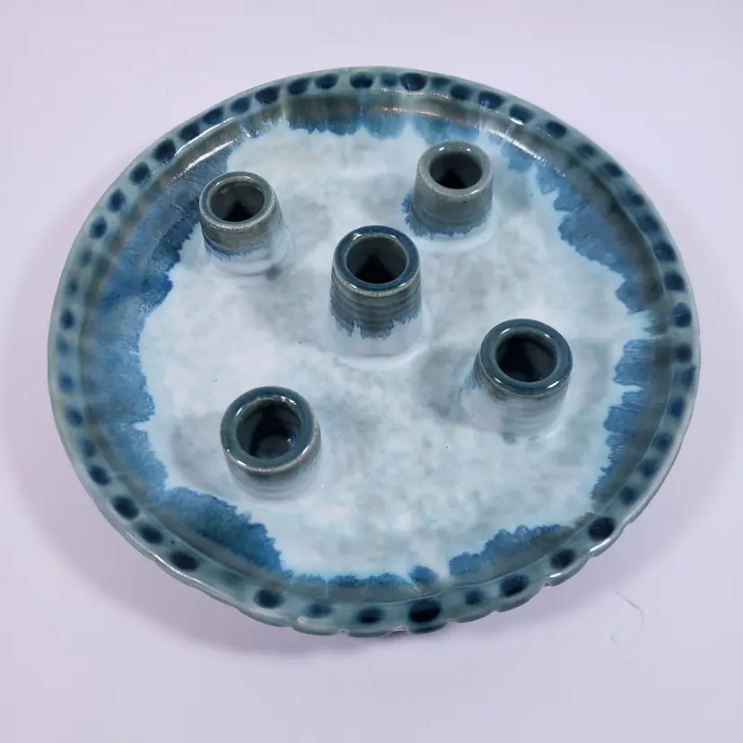 Signed MCCARTY POTTERY Hand Thrown 5 Pipe Jade Drip Glaze Taper CANDLE PLATE