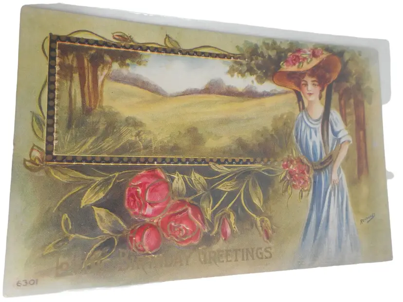 Vintage Postcard woman 1900s Birthay greetings floral pretty lady embossed
