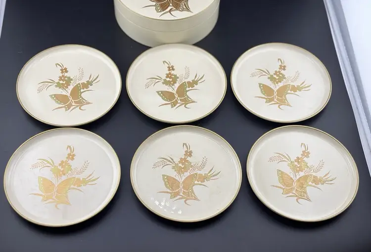 MCM Otagiri Lacquerware Coasters Butterfly & Florals