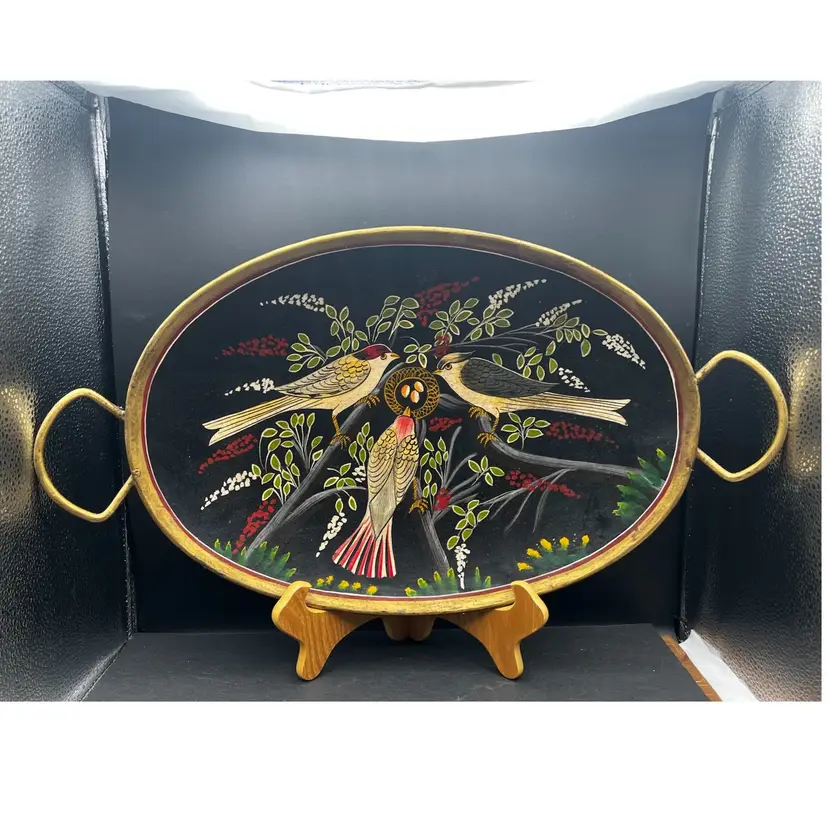 #572B Large Oval Vintage Toleware Tray With Handles Decorated With Hand Painted Birds And Flowers. Black With Gold Rim And Handles.