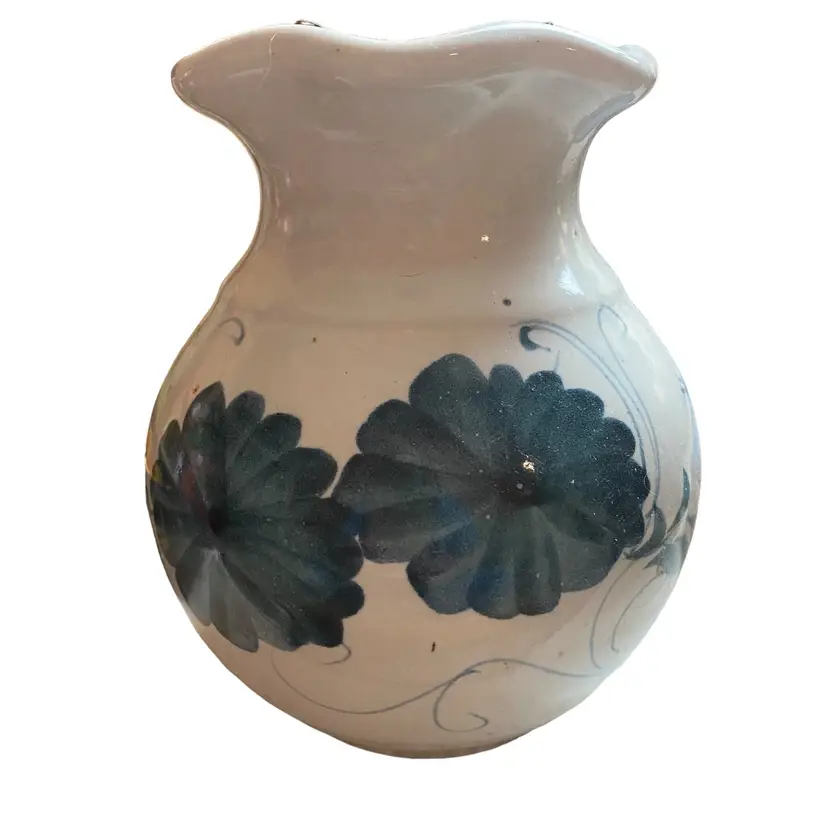 Vintage Art Pottery White Blue Floral Small Vase Ruffle Edge Handpainted Signed