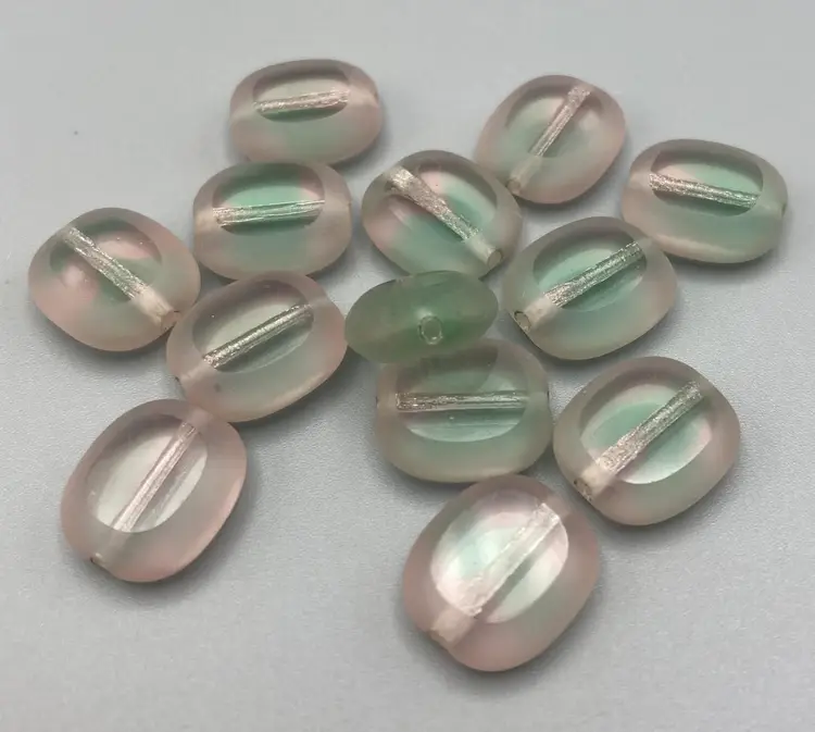 12 VTG Pink & Green Oval Melon-like Glass Beads 14mm