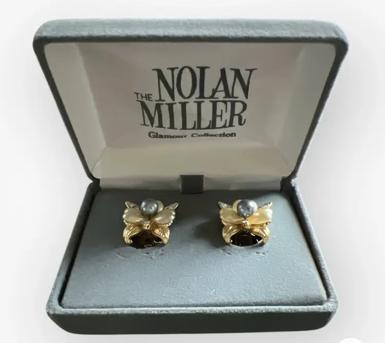 Nolan Miller Glamour Crystal Heart Faux Pearl Rhinestone Clip Earrings #G-9