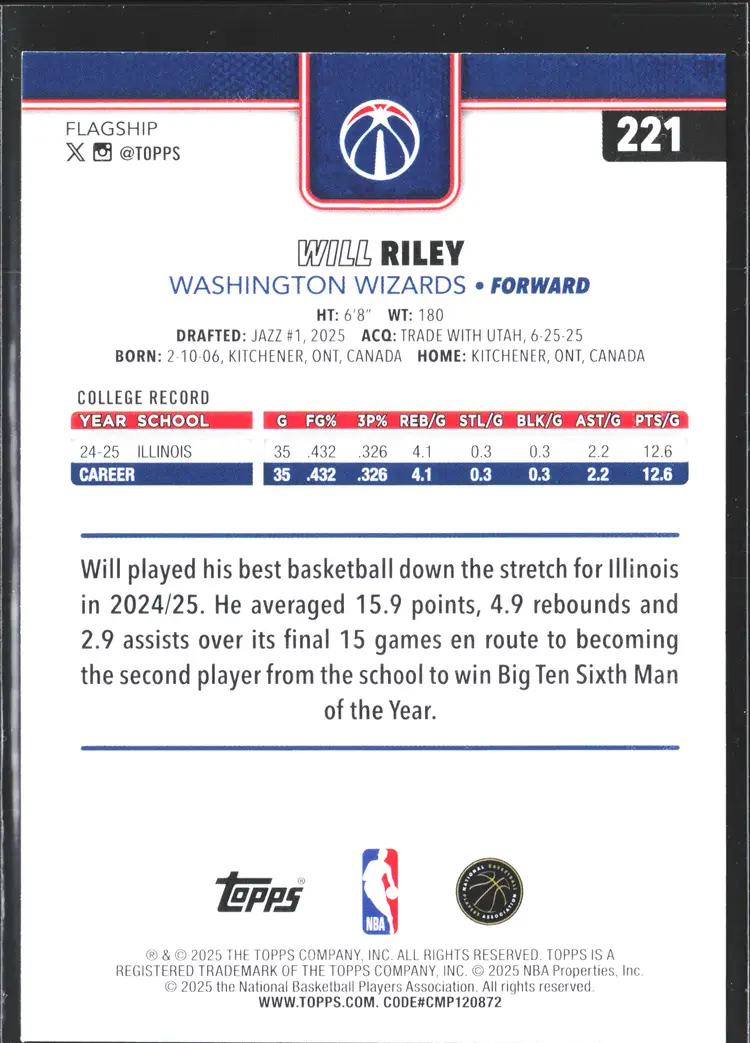 Will Riley 2025 Topps Rookie Basketball Card WIZARDS