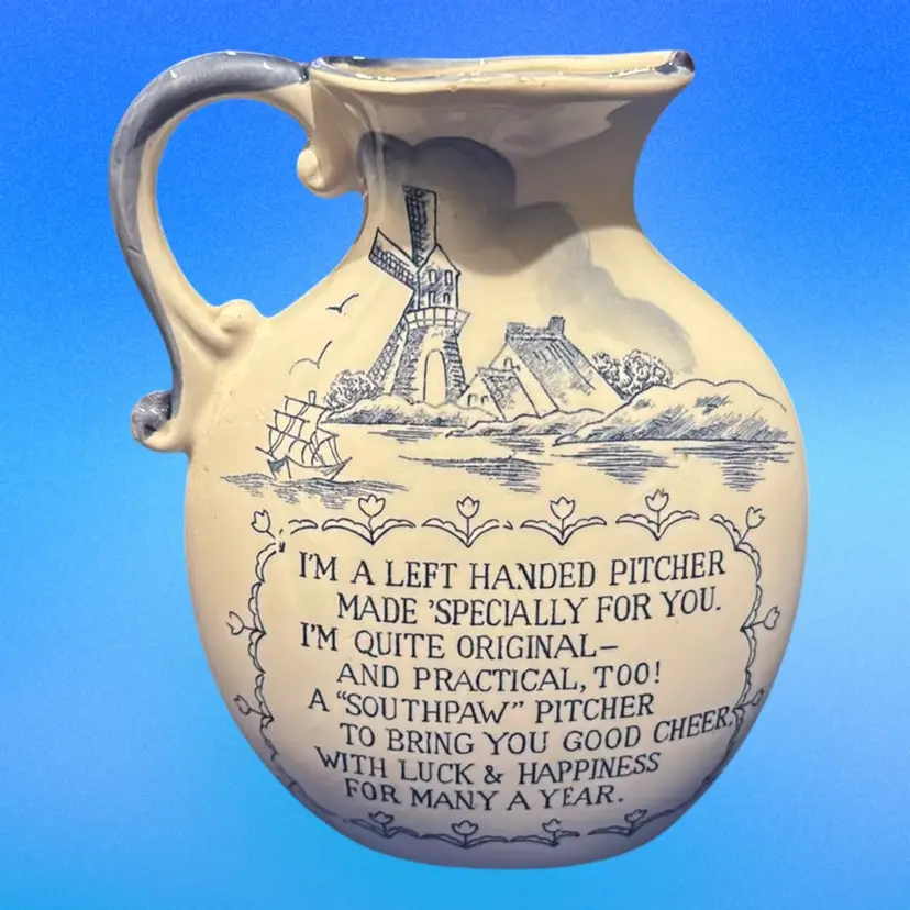 Left Handed Pitcher Blue & White Southpaw Poem & Windmill