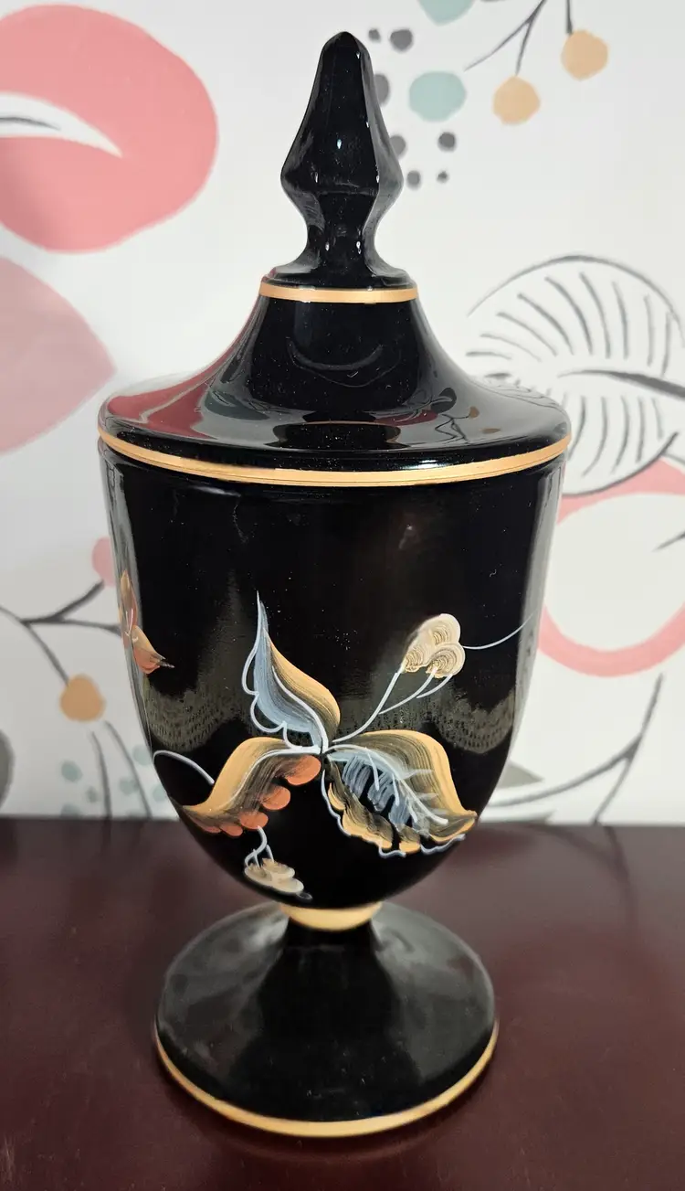 1994 Fenton Hand Painted by JK Spindler Black Glass Vase Don Fenton Signed #1246