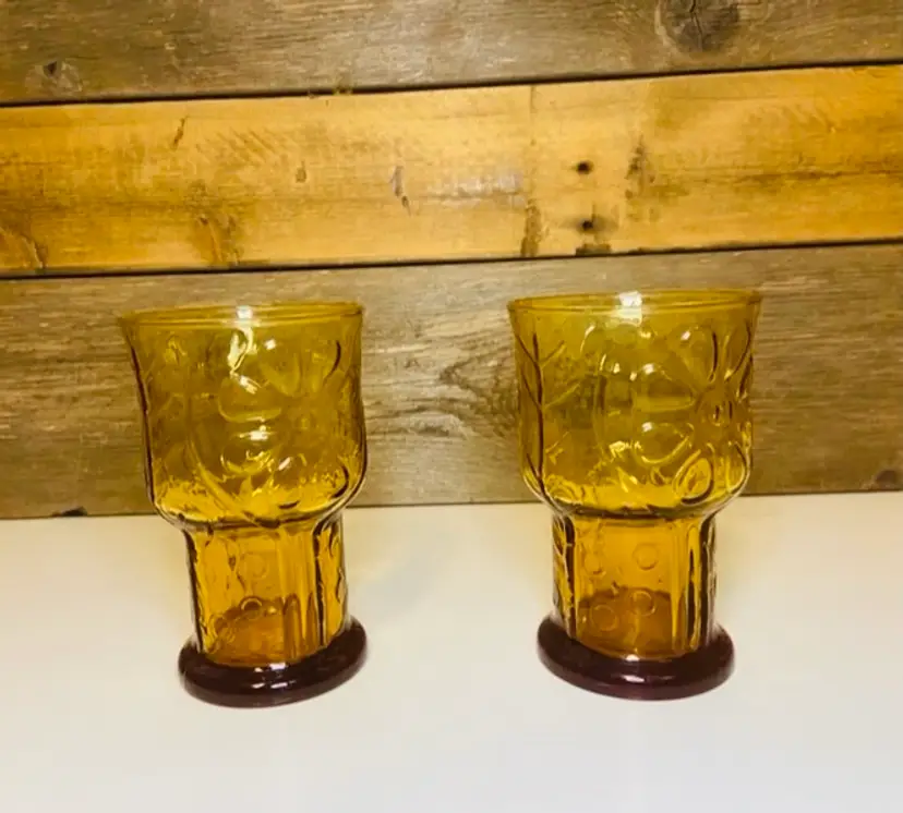 Vintage Libbey Country Garden Amber Glasses 1970s Daisy Pattern Set of 2 Retro Mid Century Modern CottageCore Boho