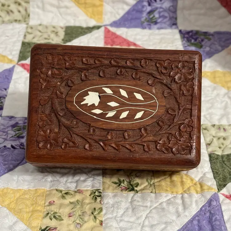 Hand carved With Inlay Wooden Trinket Box Velvet Lined Good Condition