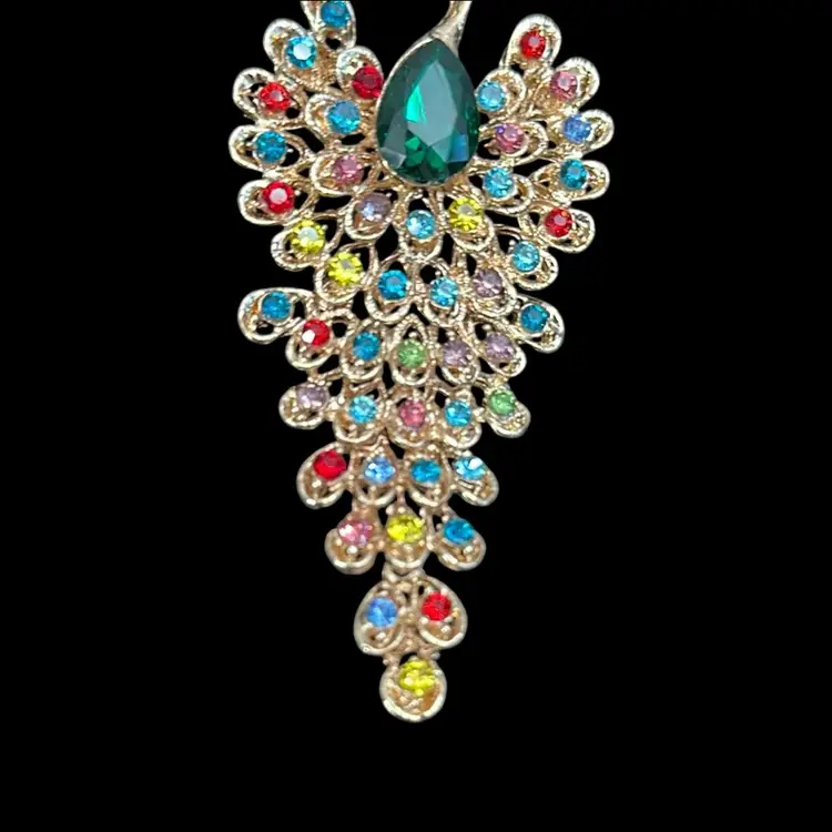 Peacock Brooch Multicolor Rhinestone Large Statement Pin