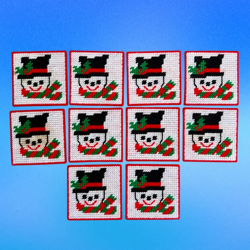 Set of 10 | Vintage Handmade Embroidered Christmas Coasters, Snowman READ