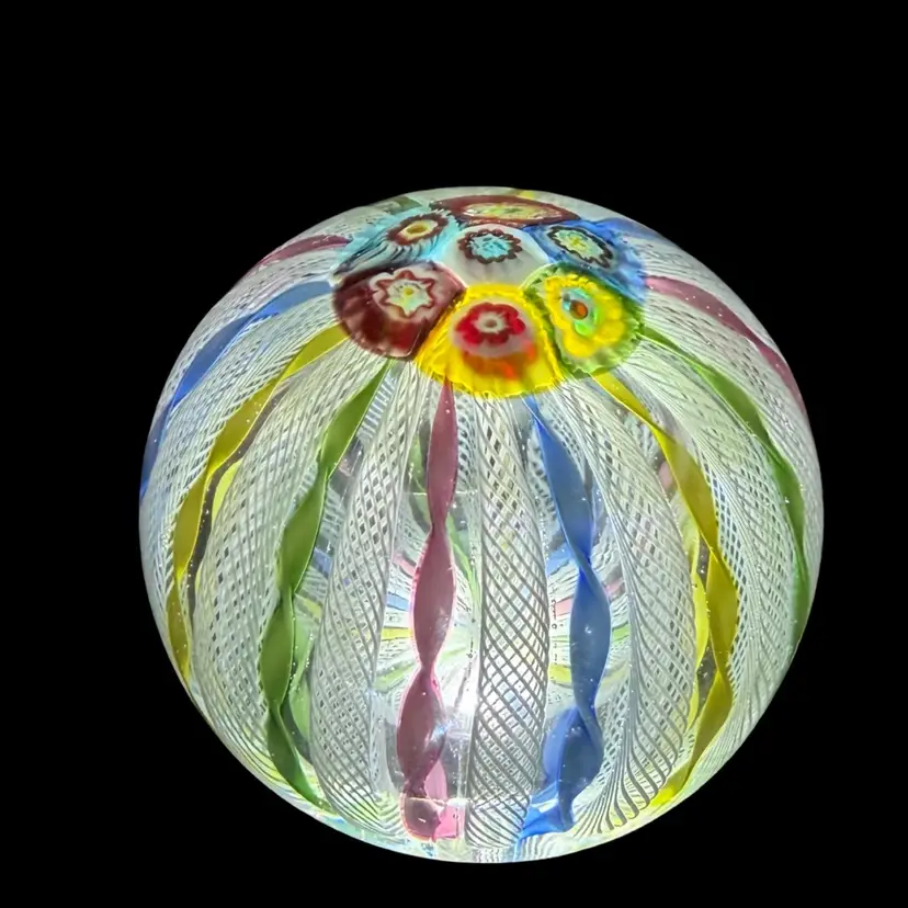 Vintage Murano Crown Art Glass Paperweight - Zanfirico Latticino Ribbons Pink/Blue/Yellow/Green Filigree & Millefiori - Mid-Century Italy with Original Export Label 3 “x 3.25”