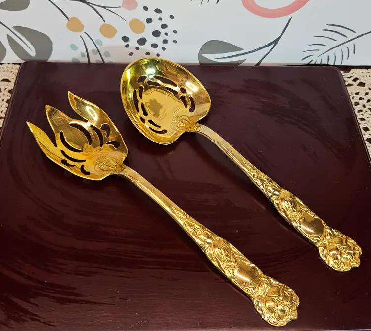 Vintage Ornate Italian 24K Gold Plated Fenestrated Salad Serving Set of 2