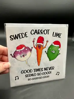“Swede Carrot Lime” Neil Diamond Spoof Anthro Veggie Christmas Holiday Greeting Card, Unused 6”x6”