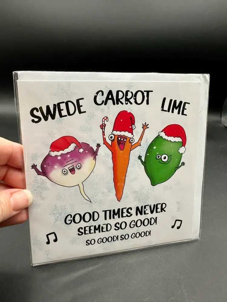 “Swede Carrot Lime” Neil Diamond Spoof Anthro Veggie Christmas Holiday Greeting Card, Unused 6”x6”