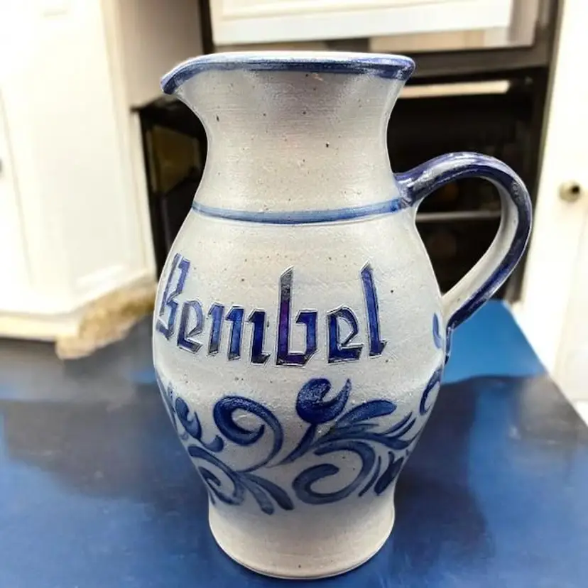 Cobalt Blue Stoneware Pottery Salt Glazed Pitcher Jug Handarbeit Germany 8.5"