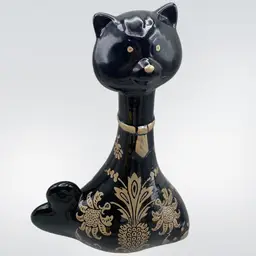 Vintage Cat Figurine Porcelain Black Tan CottageCore Granny Retro