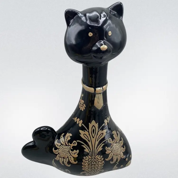 Vintage Cat Figurine Porcelain Black Tan CottageCore Granny Retro