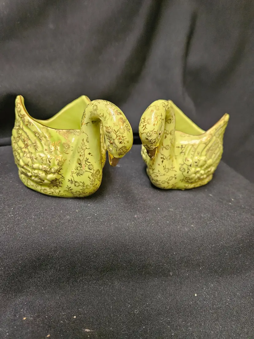 Pair of 1950's Pearl China & Co Green & Gold Small Swan Planters - 3 3/4" H x 6" L x 3" W
