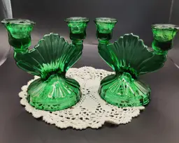 Set of 2 1930's Jeanette Glass Ultramarine Double Green Candlestick Holders