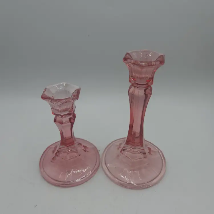 Set Of Two Romantic Pink Glass Candlesticks Candle Holders