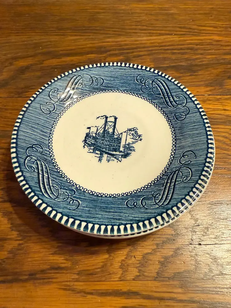 Vintage Blue Steamboat Saucers – Set of 4 | 6-Inch Plates | Americana Riverboat Design | Blue & White Ironstone Style | Farmhouse Kitchen Decor | Paige’s Plates