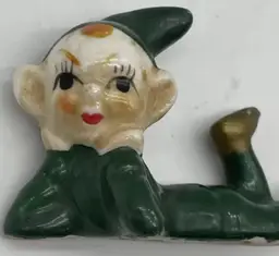 Vintage Japan Green Pixie Elf Figurine Orange Hair Gold Boots Kitschy