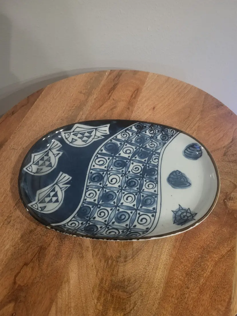 Vintage Minoware Chiyama Kiln Japanese Blue White Fish Oval Dish/Platter