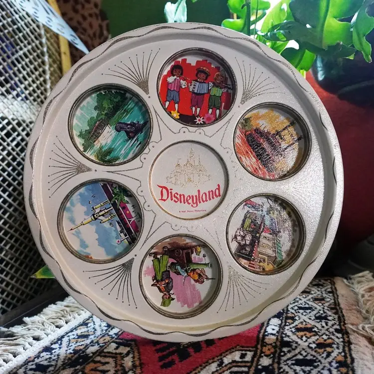 Vintage 1960's Disneyland Round Metal Drink Tray | Tin Drink Tray Holder Beverage Serving Tray