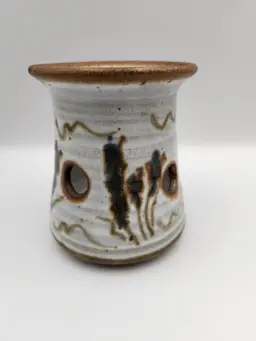 Studio Pottery Luminary Brown/Cream Base Blue Flowers Brown Swirls 4.75"H