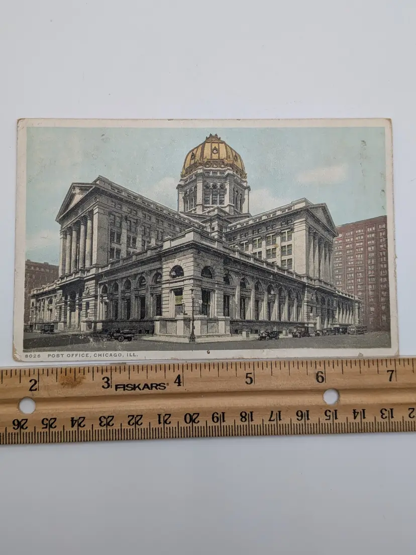 E90. Antique Postcard POSTMARKED 1919 Purple 3 ¢ Stamp Detroit Publishing Co Chicago Illinois Post Office Colored Photo