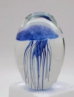 Cobalt Blue Glow In The Dark Jellyfish Art Glass Paperweight 4"