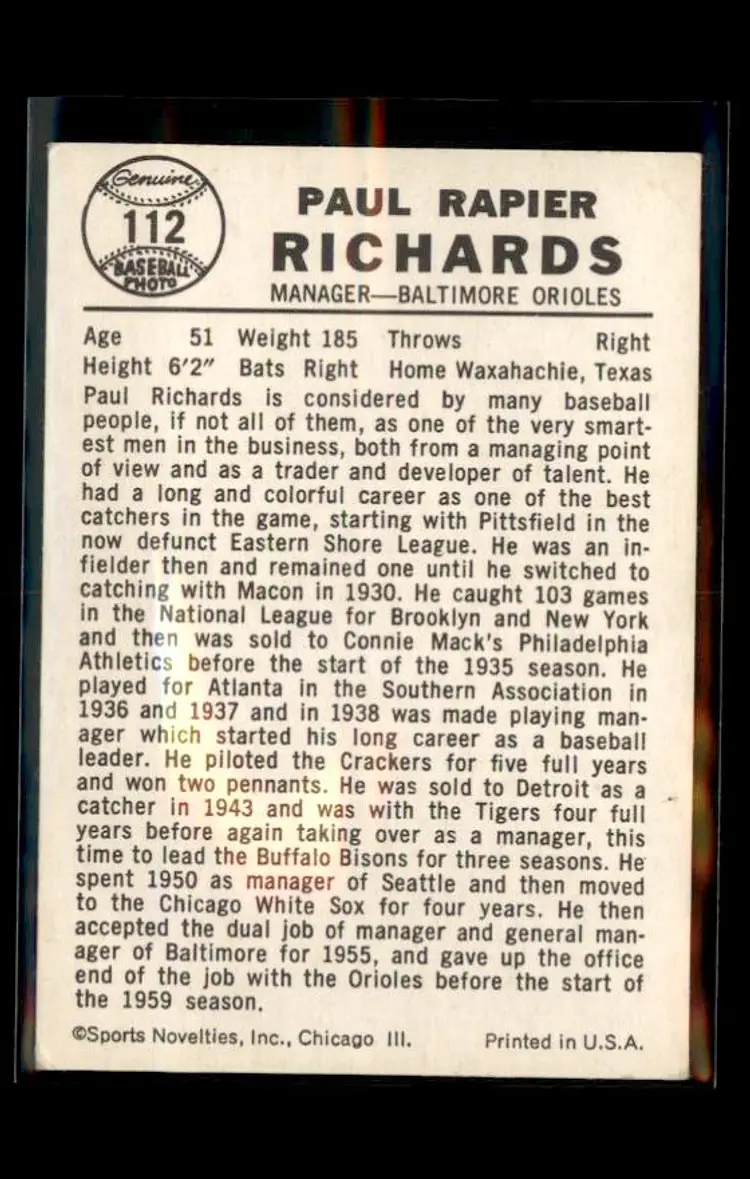 1960 Leaf #112 Paul Richards - (pk1) - Baltimore Orioles