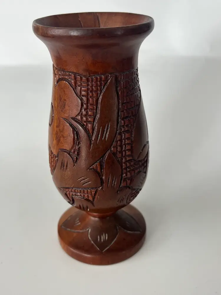 Vintage- Hand-Carved Wooden Vase – Floral Motif – 4.5” Marked Aruba  - Folk Art
