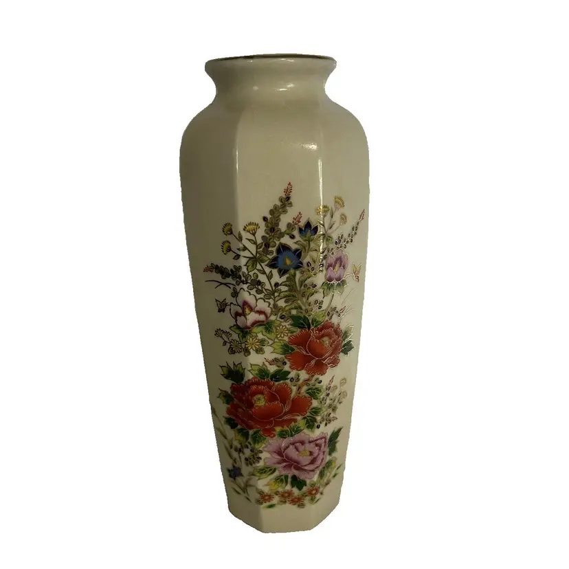 Vintage Japanese Hand painted Floral 10.75” Inches Tall Octagon Vase (c) 1970's