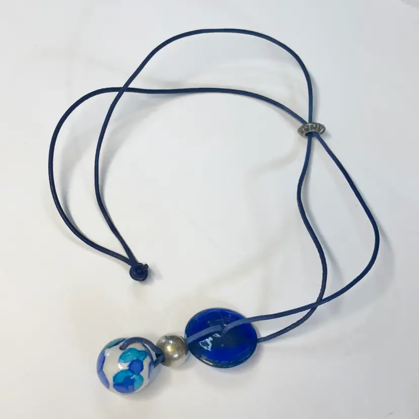 Navy & Blue Leather Cord, Glass & Bead Adjustable Necklace 39”