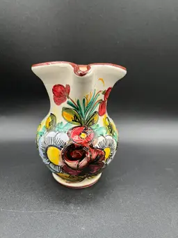 Signed Italian “Castillo Graffiti” Etched & Hand Painted Art Pottery Floral Pitcher Vase 4.5” READ💐