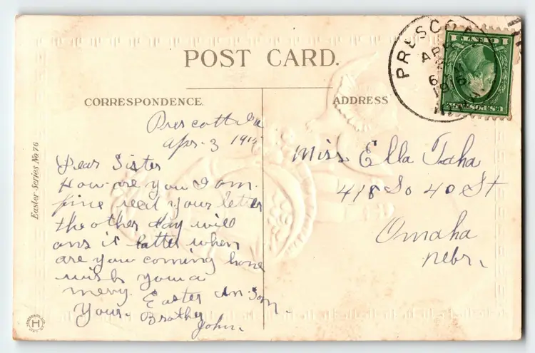 Easter Postcard Dog Chicken Baby Chicks Girl Embossed 1915 Henderson Series 76