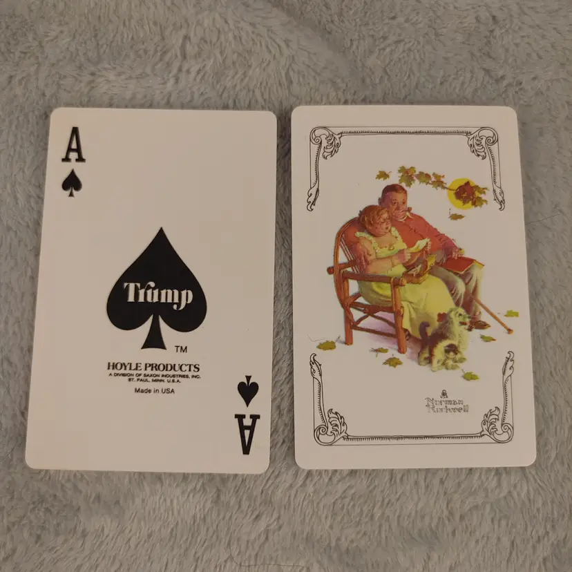 1 Single Swap Card - Playing Card. Norman Rockwell artwork- Tender Memories. Blue border. Trump Hoyle Products. Made in MN. Ace of Spades. Dimension 2.5 x 3.5. Read description.