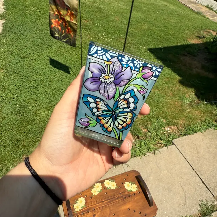 Vintage Butterfly Stained Glass Votive Holder Toothpick Q-tip Boho Cottagecore