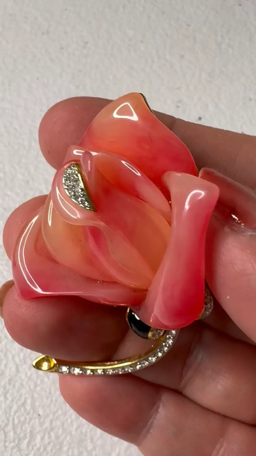 Vintage Kenneth Jay Lane (KJL) Carved Lucite Pink Rose Brooch